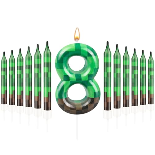 13 Pcs Dynamite Candles 12 TNT Themed Birthday Cake Candles and Number 8 Candle Cake Topper for Pixel Theme Birthday Party Anniversary Party Dynamite Theme Party Video Game Party Supplies (Green+Brown / 8)