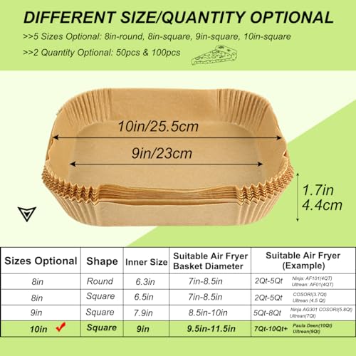 100PCS 10 Inch Large Air Fryer Liners for 7 (10inch (7 to 10+ QT)-100pcs-square)