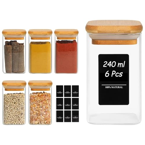 Square Glass Spice Jars with Labels 8 oz 6 Pack with Bamboo Lids (8 fl oz x 6 - Square)
