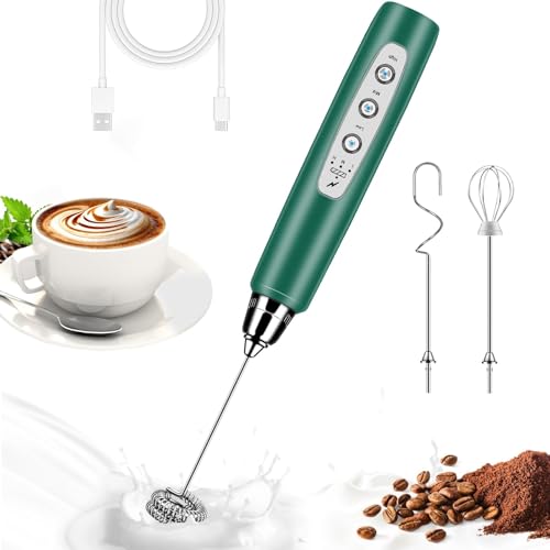 Milk Frother Wand Rechargeable Handheld Whisk Coffee 3 Speed Adjustable (Basic Frother / Green)