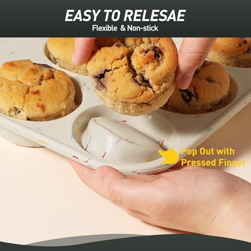 2 Pack 12 Cups Silicone Muffin Pan with Metal Reinforced Frame Regular Size Silicone Molds Cupcake Cake Baking Pans Cookie Baking Chocoflan Cupcake Mold Nonstick Muffin Tin Home Baking Supplies (2pc: 12-Cup Regular / Cream)