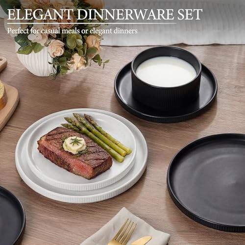 12 Piece Plates and Bowls Sets (Speckled White & Matte Black / 12pcs for 4)