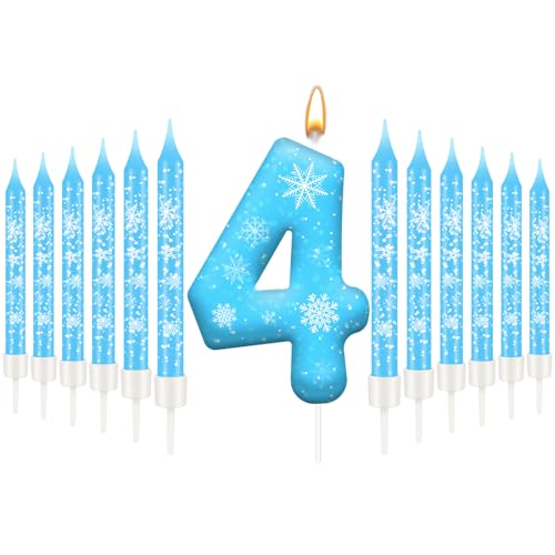 13PCS Snowflake Themed Birthday Candles Number 4 Set (Blue+White / 4)