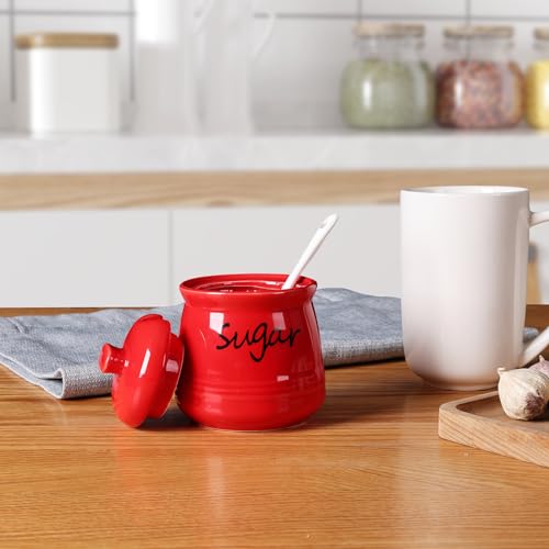Ceramic Sugar Bowl with Lid and Spoon 12oz (Red)