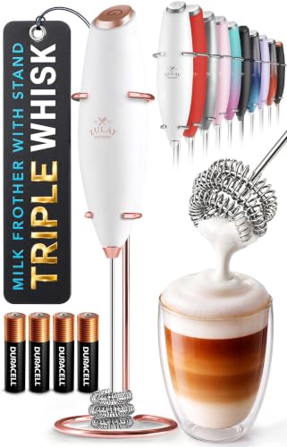 Powerful Milk Frother Wand With Duracell Batteries (15 - Executive Rose Gold / Triple Whisk + Batteries)