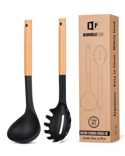 Silicone Soup Ladle and Pasta Spoon Set with Wooden Handle (Black)