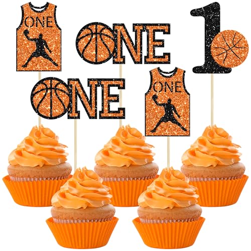 24Pcs Basketball One Cupcake Toppers Glitter Number 1 First Birthday Basketball Cupcake Picks for Sports Theme Baby Shower Kids 1st Birthday Party Cake Decorations Supplies (Style 4)
