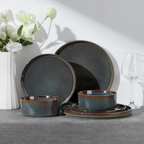 Stoneware Dinnerware Sets for 2 (Blackish Green / 6pcs for 2)