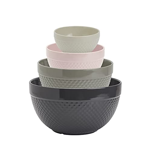 Tabletops Gallery Hobnail Style 4 Piece Timeless Grey Stoneware Nesting Mixing Bowl Set for Baking and Cooking (TIMELESS GREY)