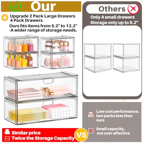 6 Pack Acrylic Stackable Storage Drawers for Vanity (4 Small+2 Wide)