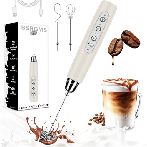 Milk Frother Wand Rechargeable Handheld Whisk Coffee 3 Speed Adjustable (Basic Frother / Beige)