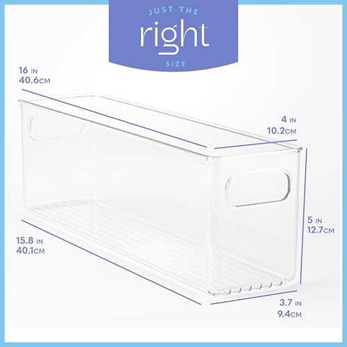 Plastic Food Storage 2 Pack Clear Container Bin with Handles for Organizing Kitchen (16x4x5)