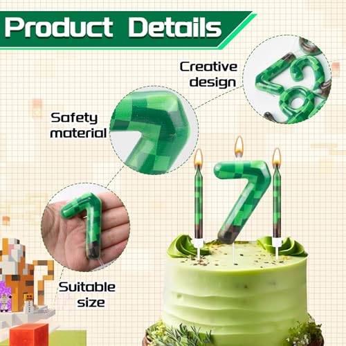13 Pcs Dynamite Themed Birthday Cake Candles & Number 7 Candle Topper for Pixel Theme Birthday Party (Green+Brown / 7)
