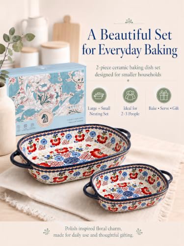 2-Piece Hand-Painted Polish Pottery Style Ceramic Baking Dish Set (Ruby Poppy)