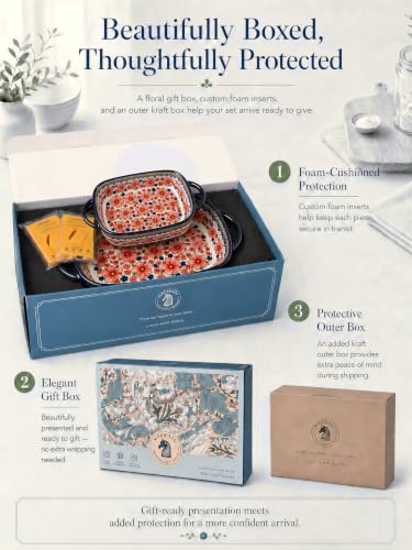 2-Piece Hand-Painted Polish Pottery Style Ceramic Baking Dish Set (Blossom Mist)