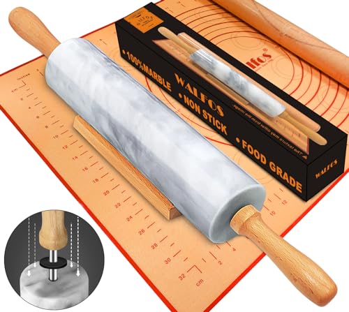 Marble Rolling Pin Set With Non Stick Silicone Pastry Mat (16.5 in marble + pastry mat)