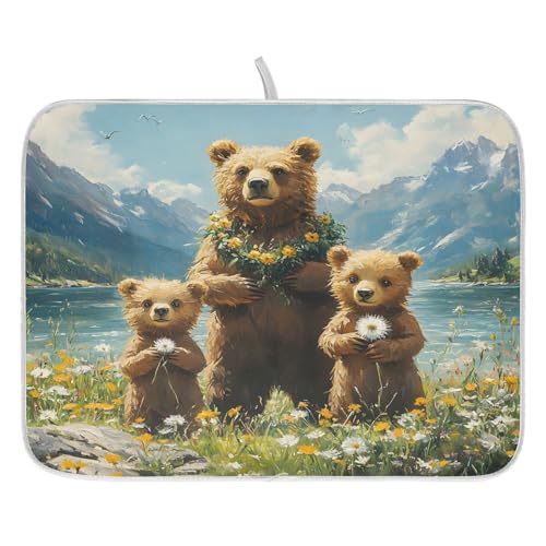 Three Bear Dish Drying Mat for Kitchen Ccounter Absorbent Microfiber Small Drying Pad Dandelion Wildflowers Dish Mats for Kitchen Countertops 16 x 18 Inch (18" x 16")
