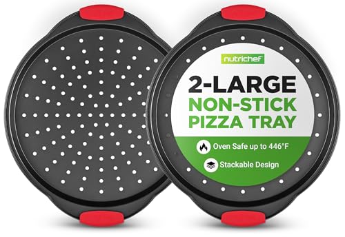 2-Piece 13-Inch Nonstick Pizza Tray, Round Carbon Steel Non-Stick Pizza Pan with Perforated Holes, Premium Bakeware Pizza Screen with Silicone Grip Handles, Dishwasher Safe, NCBPIZX2 (2 Pack Large)