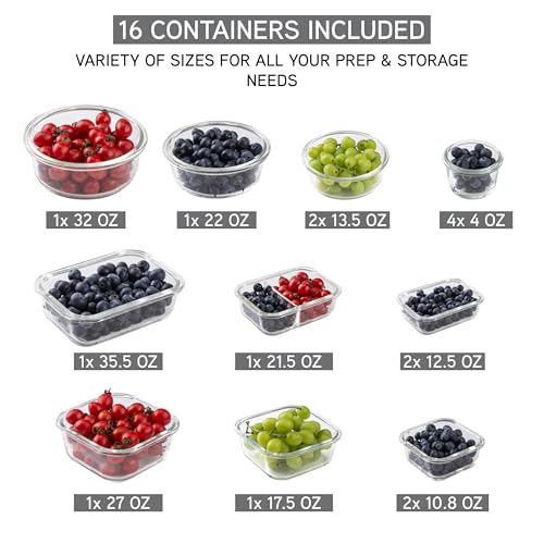 Premium 32 Pc. Borosilicate Glass Food Container Set with Dividers (Ombre Grey)