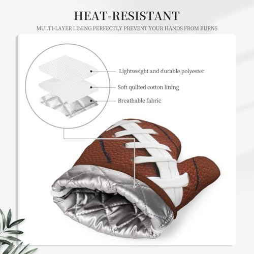 American Football Oven Mitts and Pot Holders Set of 4 Silicone Rugby Leather Lace Fun Traditional Sport Ball Kitchen Mitten Gloves and Potholders Set Heat Resistant Oven Gloves Hot Holders (Brown)
