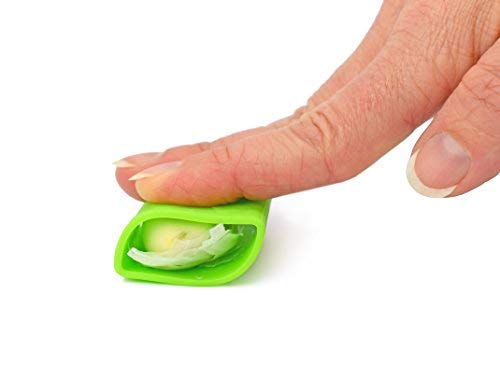 Garlic-A-Peel Garlic Press, Crusher, Cutter, Mincer, and Storage Container - Includes Silicone Garlic Peeler - Easy to Clean - Stainless Steel Blades – (Green), standard (Standard / Green)