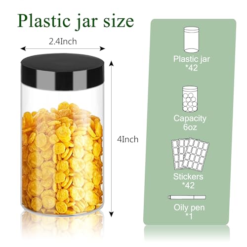 Plastic Jars with Lids 6OZ 42PCS Small Empty Slime Cosmetics Containers Clear Gift Food Jars Round PET Cream Jars with Black Lids Pen Labels for Kitchen Storage Spices Dry Food Body Butter (6OZ,42PCS)