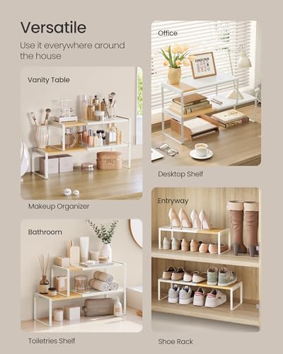 Spice Rack Expandable Cupboard Shelf Orgnizer (Light Bamboo + Cream White / 2 Pack)