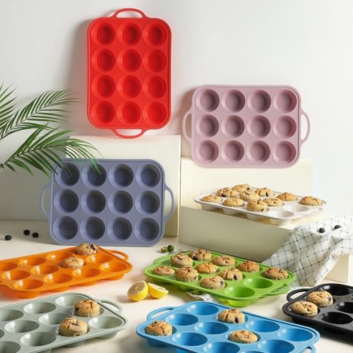 2 Packs 12 Cups Silicone Muffin Pan with Metal Reinforced Frame Regular Size Cupcake Pan Tray Egg Bites Silicone Circle Cookie Molds Muffin Tin Tart Pans Baking Sheet Set for Breakfast Sandwiches (Regular / Morandi Green)