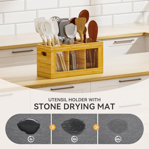 Bamboo Kitchen Utensil Holder with Drying Stone and 6 Compartments (Natural / Medium)