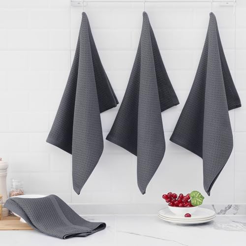 100% Cotton Oversized Waffle Weave Kitchen Towels 4 (Dark Grey / 20 X 28 - 4 Pack)