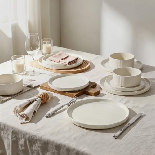 Stoneware Dinnerware Sets for 4 (Cream White / 4-Set(12pcs))