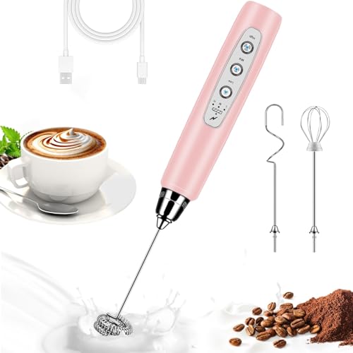 Milk Frother Wand Rechargeable Handheld Whisk Coffee 3 Speed Adjustable (Basic Frother / Pink)