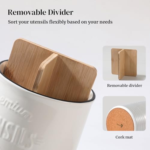 7.2" Large Ceramic Utensil Holder for Kitchen Counter (7.2 Inch / White with devider)