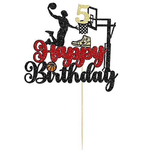 1Pc 5th Birthday Basketball Cake Topper Glitter Basketball Sports Theme Cake Pick for Baby Shower 5th Birthday Cake Decorations Party Supplies Black (Style 6)