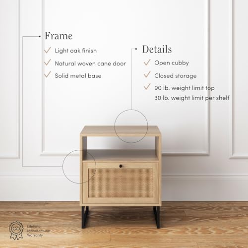Mina Rattan Wood End Side Accent Table Nightstand with Storage for Living Room or Bedroom (Oak/Black / 1)