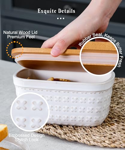Ceramic Butter Dish with Wood Lid for Countertop (Cross Pattern)