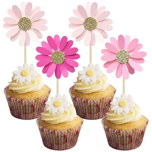 24Pcs Daisy Cupcake Toppers Flower Cake Topper Decorations Daisy Cake Decorations Chrysanthemum Cupcake Toppers Spring Daisy Flower Cake Picks for Birthday Wedding Supplies Rose Red Pink (Rose Red Pink)