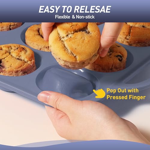 2 Packs 12 Cups Silicone Muffin Pan with Metal Reinforced Frame Regular Size Cupcake Pan Tray Egg Bites Silicone Circle Cookie Molds Muffin Tin Bread Loaf Pans for Homemade Reusable Tart Pans (2pc: 12-Cup Regular / Morandi Pink & Morandi Blue)