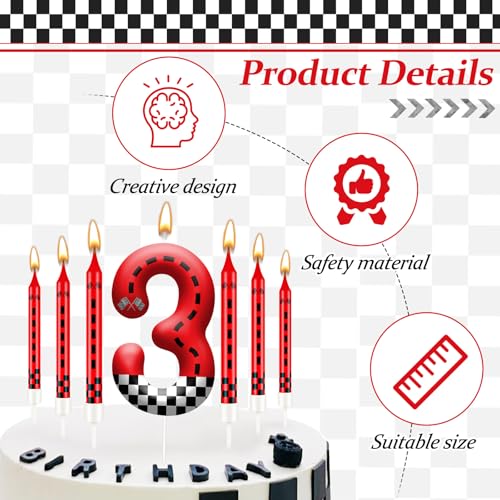 13PCS Racing Car Theme Birthday Candle Set with Checkered Flag Design (Black+White+Red / 3)