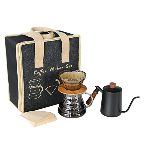 Pour Over Coffee Maker Set with Black Gooseneck Kettle Wooden Storage Tray Coffee Dripper Glass Server Coffee Scoop DIY Manual Coffee Maker Set (coffee maker set)