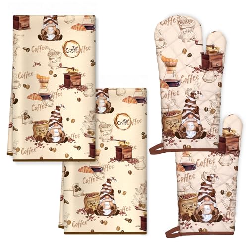 Vintage Coffee Kitchen Towels and Oven Mitts Set 4Pcs (Coffee)