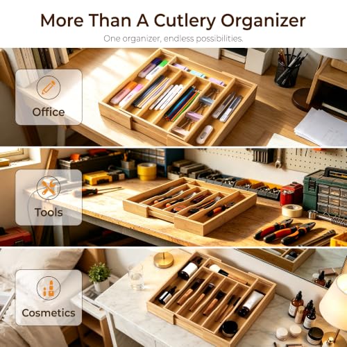 2 Piece Bamboo Silverware Organizer (7 Slots Expandable-2Pack / Natural)