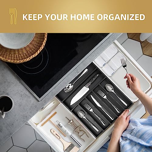 Bamboo Silverware Holder Drawer Utensil Organizer with 7 Slots Black (7 Slots / Black)
