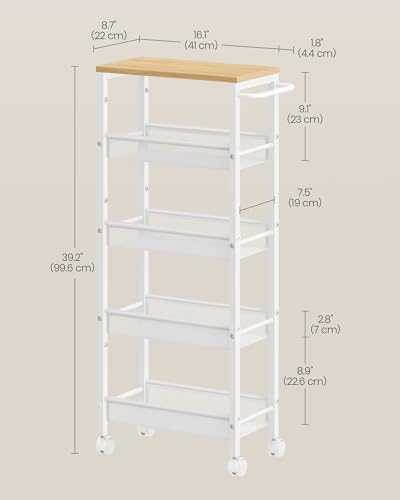 5 Tier Slim Rolling Storage cart with Wheels (Oak Beige + Classic White / 5 Tiers (8.7"D x 39.2"H))