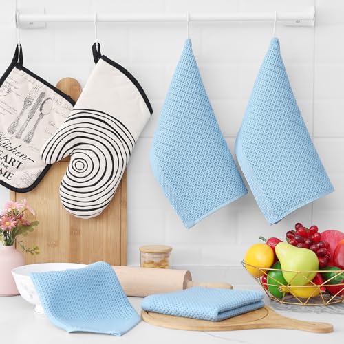 100% Cotton Waffle Weave Kitchen Dish Cloths 8 (Sky Blue / 12 X 12 - 8 Pack)
