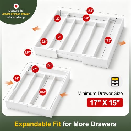 White Silverware Organizer Kitchen Drawer Organizer Expandable Bamboo Utensil Holder Cutlery Tray for Kitchen Utensil and Flatware Bedroom Office (White / 7 Slots Expandable)