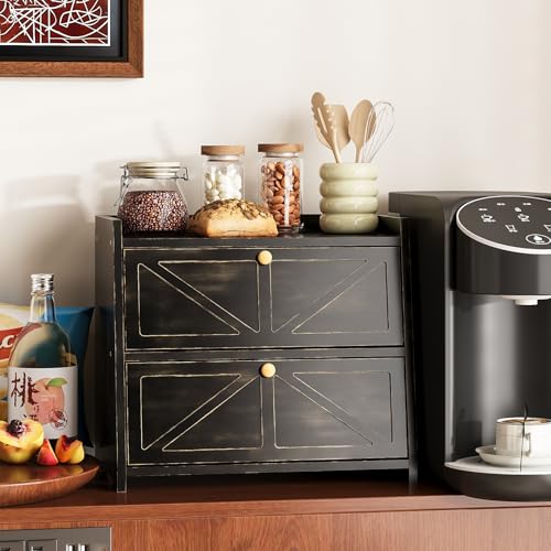 Vintage Double Layer Bread Box for Kitchen Counter Bamboo Bread Storage Container Large Capacity Bread Storage Bin (Antique Black)