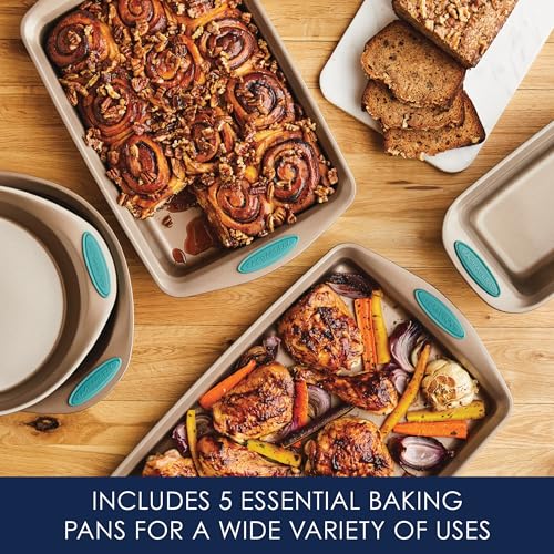 Cucina Bakeware Set Includes Nonstick Bread Baking Cookie Sheet and Cake Pans (5 Piece / Latte Brown with Agave Blue Grips)
