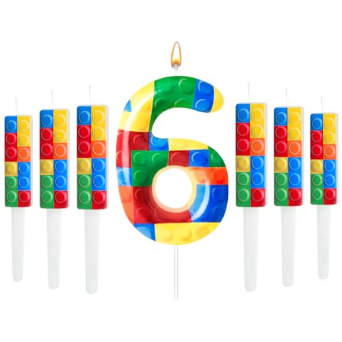 7 Pcs Building Block Themed Birthday Candles Set Building Blocks Number 6 Candle Cake Topper for Building Block Party Decoration Supplies (Multicolor / 6)