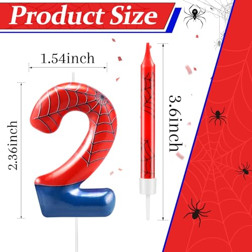 13 Pcs Spider Themed Birthday Candle Set Red Spider Theme Number 2 Candle Cake Topper for Boys Girls Birthday Decoration Spider Party Decoration Supplies (Red+Blue / 2)